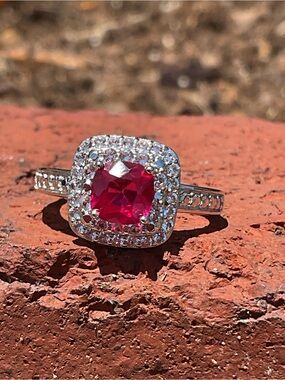 Ruby Double Halo .925 Silver Ring 7